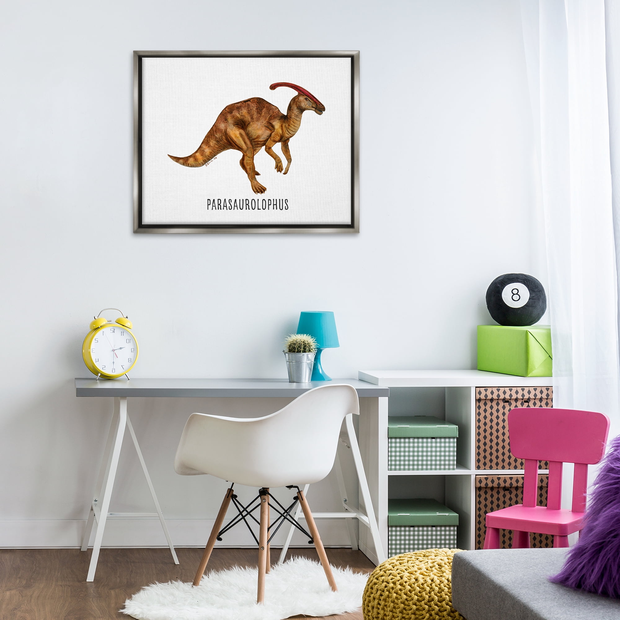 Stupell Industries Parasaurolophus Dinosaur Learning Animals Painting Gray Floater Framed Canvas Art Print Wall Art, 31 x 25