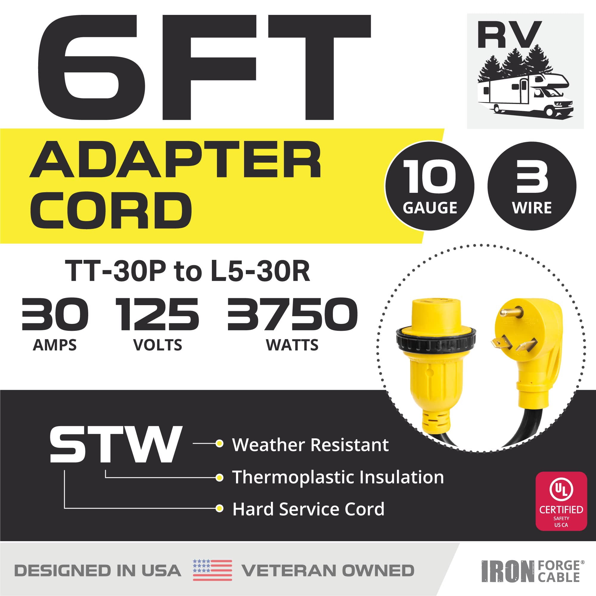 Iron Forge Cable 30 Amp RV Extension Cord 6 Ft - 10/3 STW TT-30P to NEMA L5-30R 125v Heavy Duty RV Power Cord for Outdoor Use, UL Certified