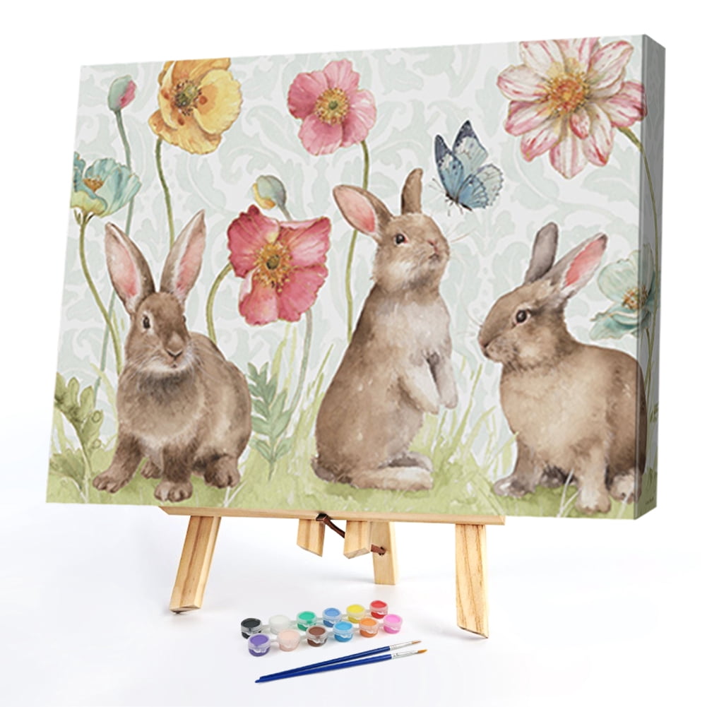 Kit De Pintura Por Números Con Marco – Conejo Y Flores, Lienzo De 20x30 Cm Con Acrílicos Y Pinceles Para Adultos