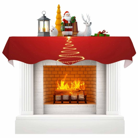 Red Christmas Tree Fireplace Mantle Scarf, Golden Lights Xmas Tree Mantel Cover Table Runner for Home Living Room Door Window, Indoor Outdoor Holiday Party Decor 17" x 60"