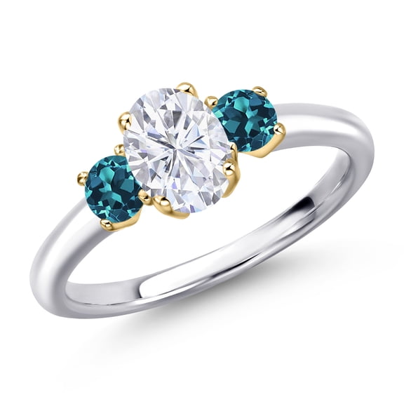 Gem Stone King 10K Two Tone Gold White Moissanite and London Blue Topaz Engagement Ring for Women | 1.34 Cttw | Oval 7X5MM | Gemstone Birthstone | Size 7