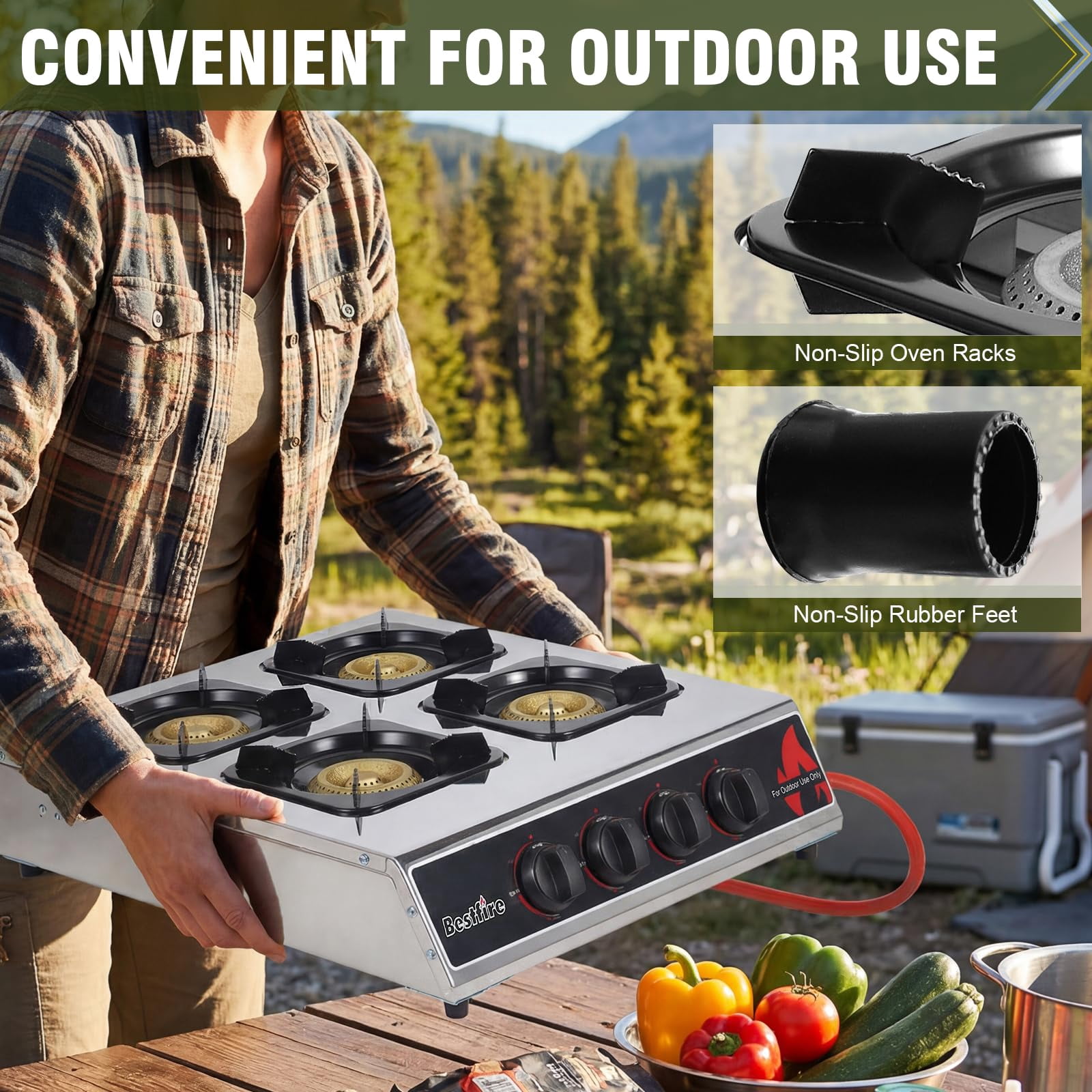 SIXDAY 4 Burner Propane Gas Stove, 40,000 BTU Portable Outdoor Cooktop with Stainless Steel Surface, Enamel Pan Supports, Electronic Ignition, Regulator & Hose for Camping, BBQ & Outdoor Cooking