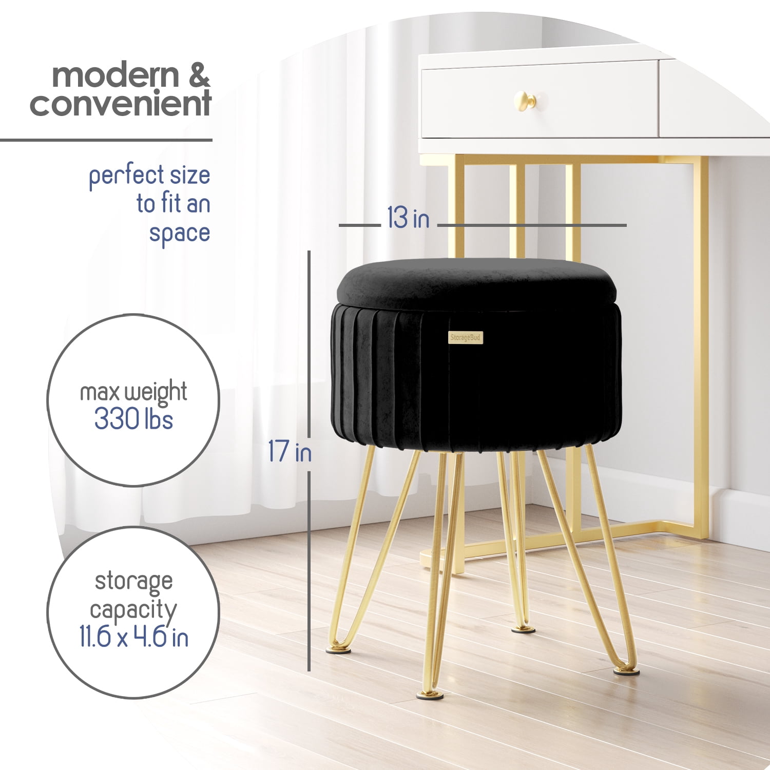 Hearth & Harbor Round Ottoman with Storage, Luxurious Foot Stool and Chic Vanity Stool with Storage, Elegant Pleated Velvet Black