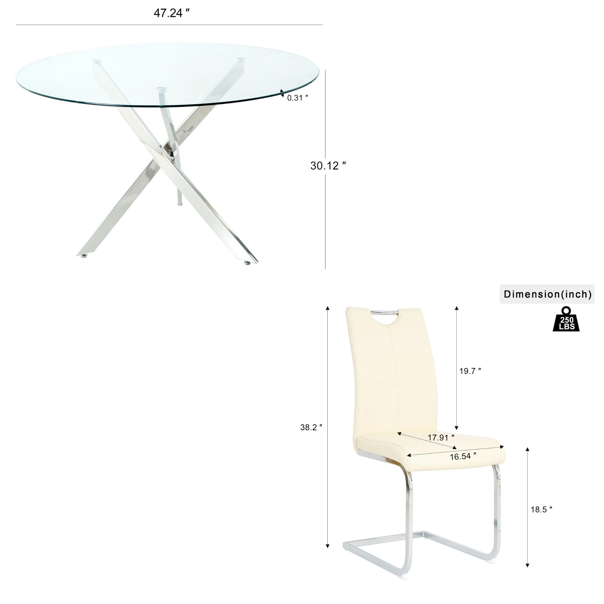 47" Modern Round Glass Dining Table Set with 4 PU Leather Chairs,Silver Leg Glass Table with 4 Beige C-shaped Chairs with Silver Leg