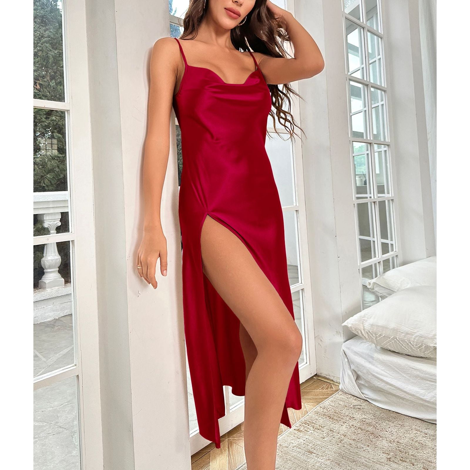 【SWIMCITY】long night dress Defitshape Women's Sain Nightgown Night Gown Cowl Neck Long