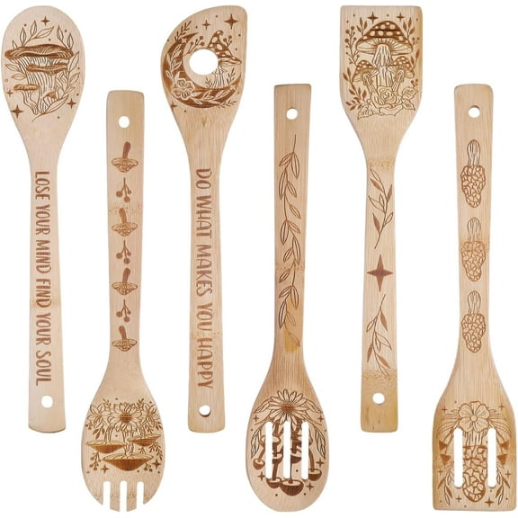 6Pcs Mushroom Bamboo Cooking Utensils Wooden Engraved Cooking Spoons Set Carving Kitchen Bamboo Spatula Set Wood Cooking Spoon for Kitchen House Warming Gift Wedding Gift BurlyWood