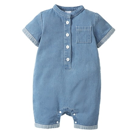 

Kucnuzki 18 Months Baby Boy Summer Outfits Bodysuit 24 Months Short Sleeve Solid Color Denim Causal Cozy Lapel Jumpsuit Bodysuits Blue