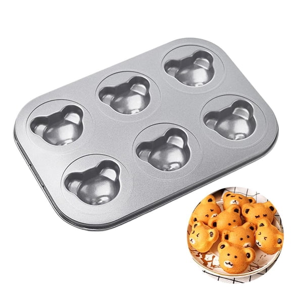 Bear Cake Pan, 6-Cavity Cute Bear Muffin Pan, Nonstick Carbon Steel Baking Mold for Cupcakes, Mini Cakes, Brownies, DIY Kids Baking & Party Desserts