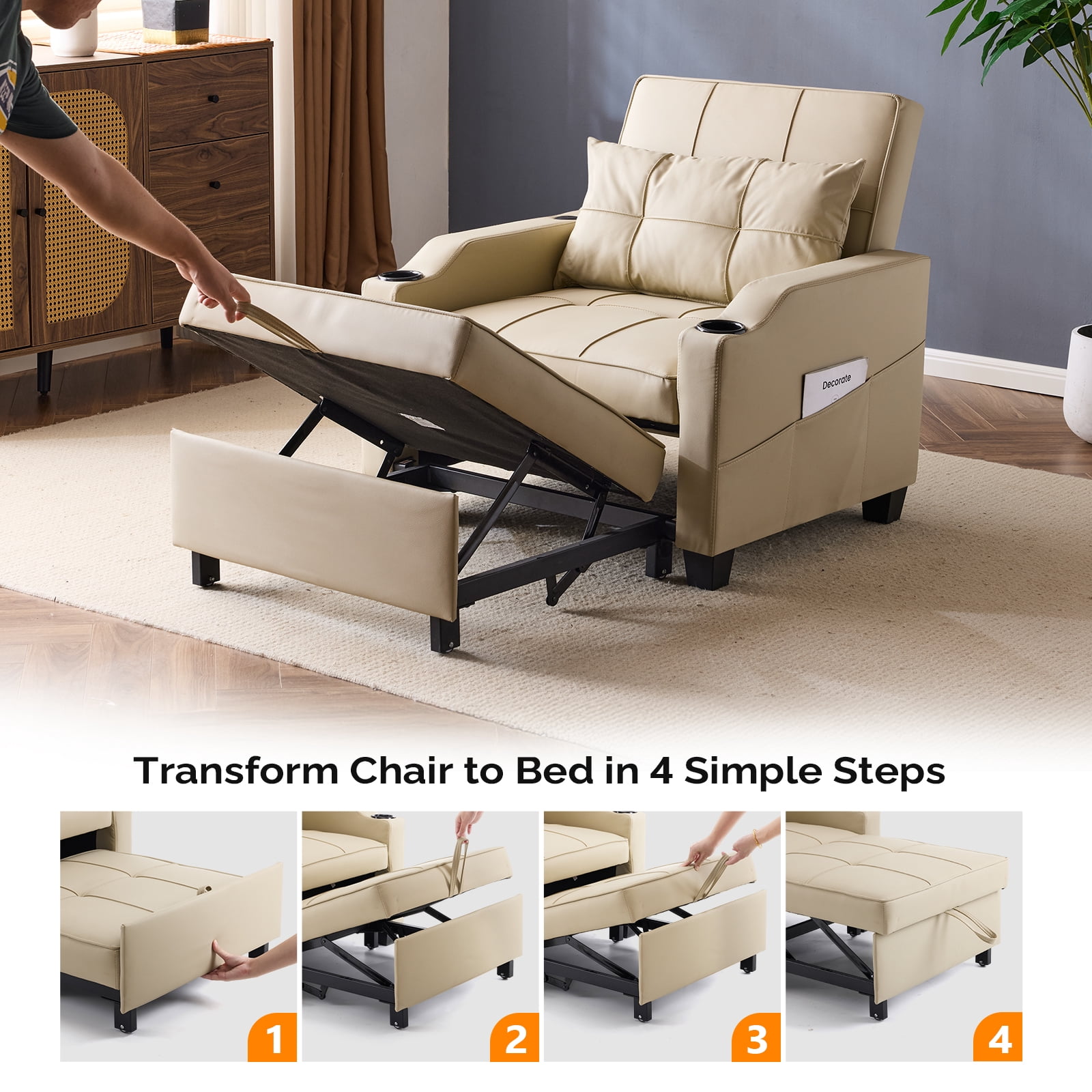 Ktaxon Sleeper Sofa Bed Convertible Chair Faux Leather 3-in-1 Futon Sofa with Lumbar Pillow for Living Room Bedroom Office Apartment Furniture Beige