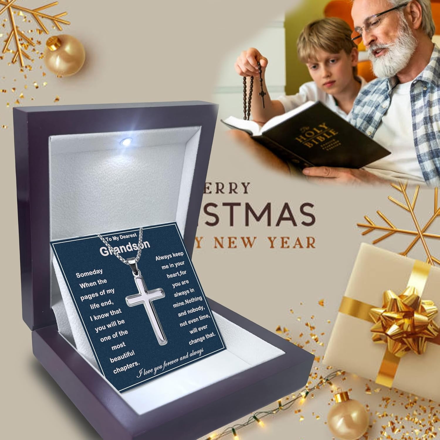 To My Grandson Necklace From Grandma Faith Cross Necklace Baptism Birthday Graduation Christmas Gifts For Grandson From Grandparents With Message Card & Gift Box
