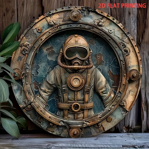 HELLOYOUNG Vintage Metal Wall Art Diver with Porthole, Handmade Ocean Themed 2D Decor for Living Room Bar Office, Easy To Hang Wall Decor Sea Nautical Decorations