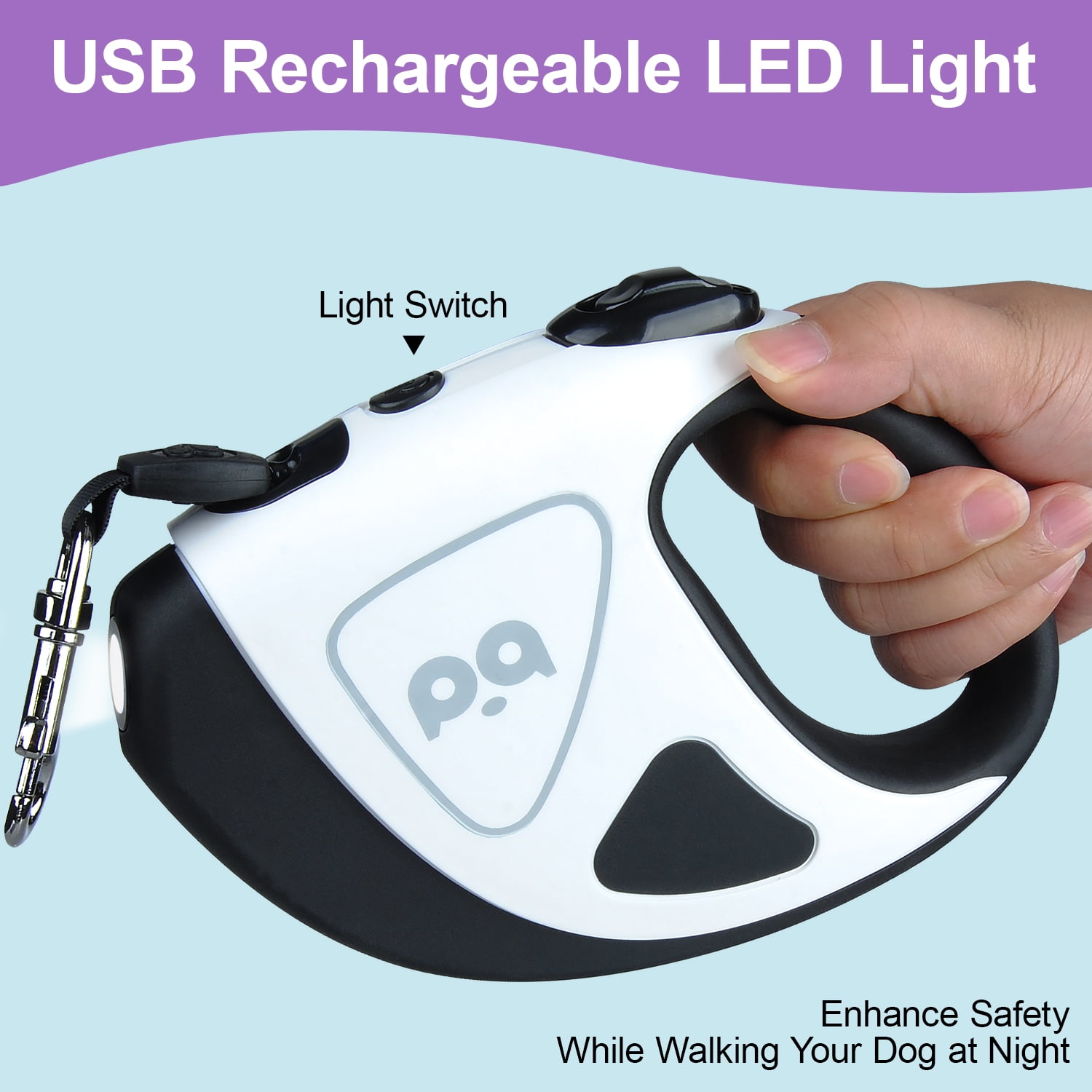16Ft Retractable Dog Leash w/ LED Flashlight,ABCPOW Lightweight Pet Leash for Small Medium Dogs Up to 66 lbs,Anti-Slip Handle,Stainless Metal Spring Strong Nylon Tape,Tangle Free,One-Handed Brake