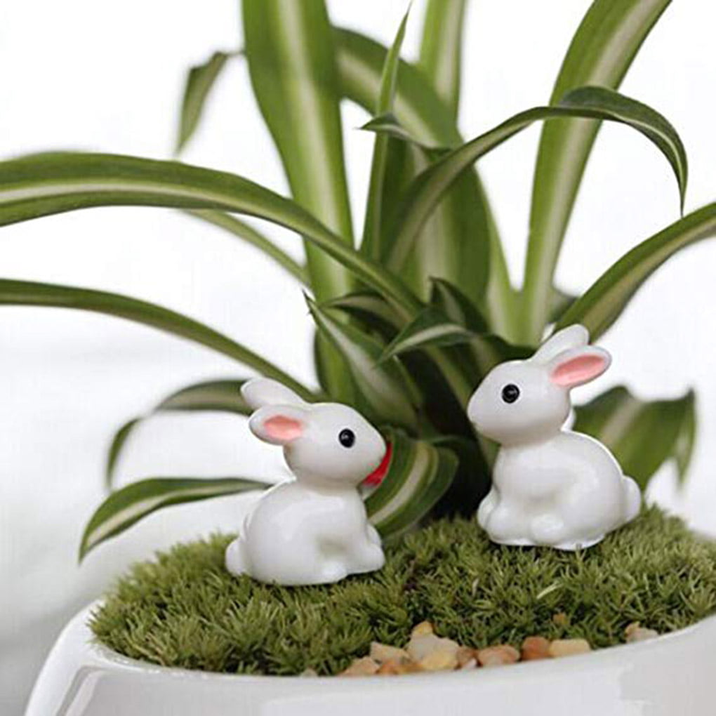 Vkospy 10pcs Miniature Fairy Garden White Rabbits Mini Decor Accessories Resin Gardening Ornaments 