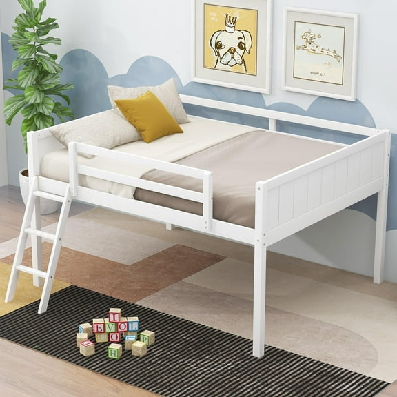 Bellemave Low Loft Bed Full Size, Solid Wood Loft Bed Frame with Climbing Ladder, Lower Storage Space Loft Beds for Teen, No Box Spring Needed(White)