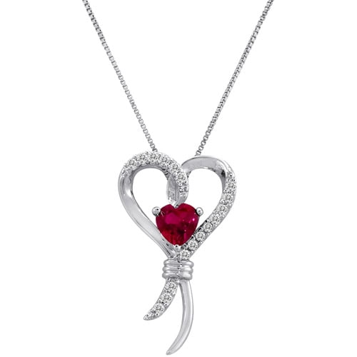 Knots of Love Sterling Silver Lab Created Ruby and White Sapphire Heart Pendant, 18" by Generic
