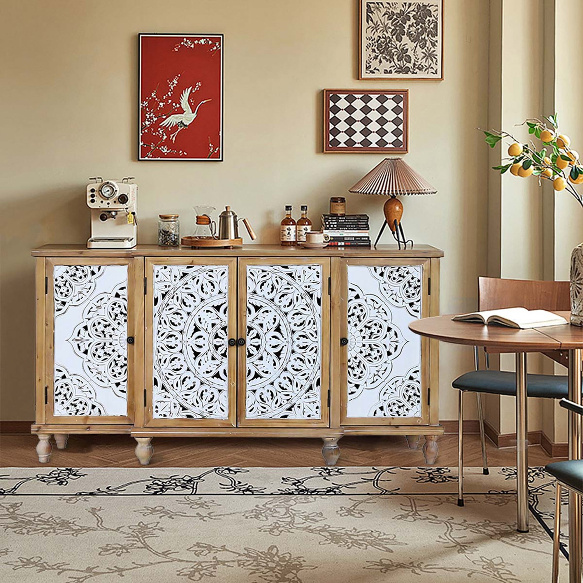 AENKYO Vintage Distressed Accent Cabinet Sideboard Buffet with Handmade Carved Doors and Adjustable Shelves, Natural