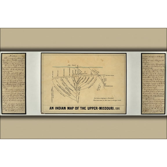 24"x36" Gallery Poster, Indian map of the Upper Missouri river, 1801