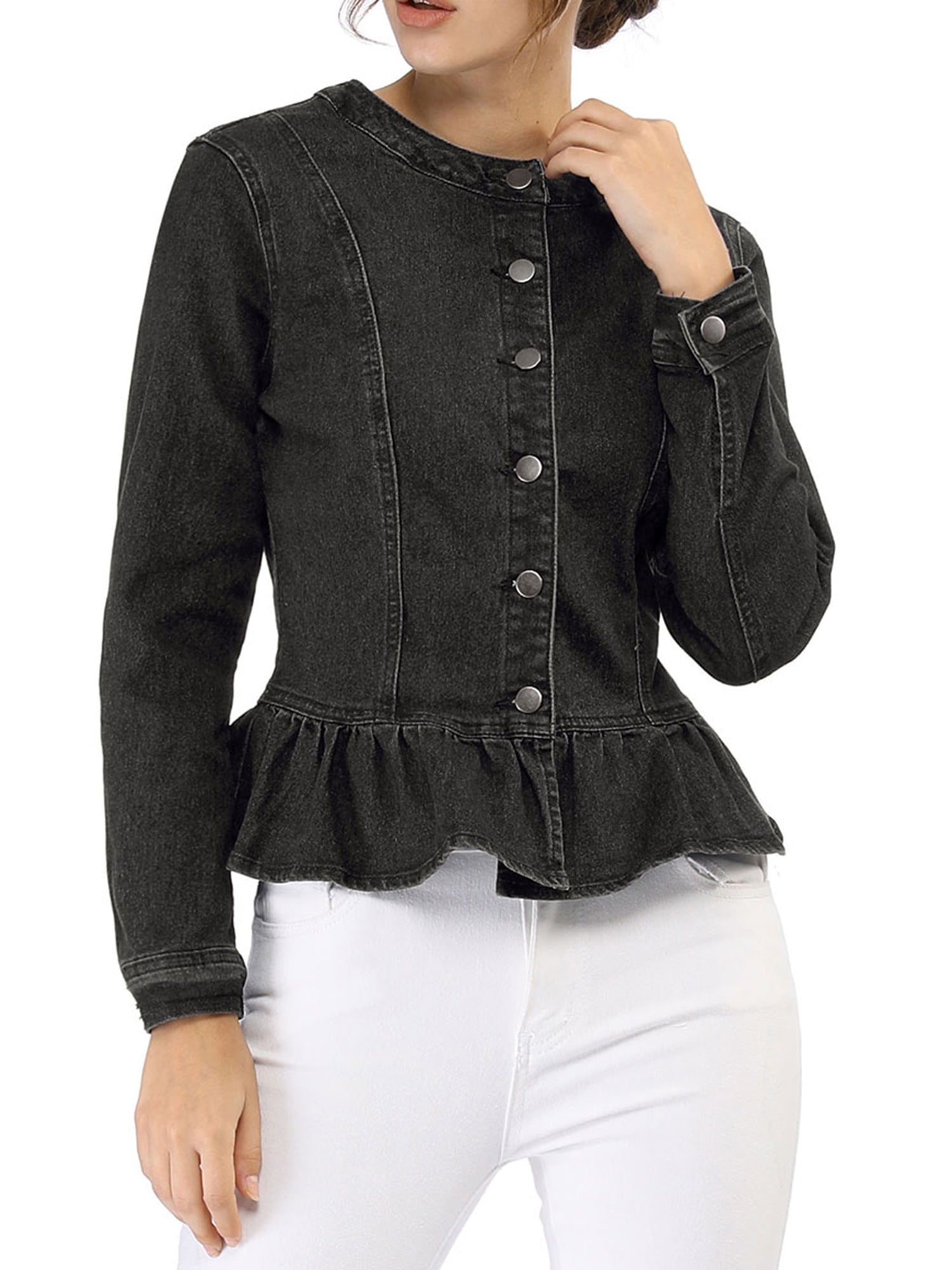 DARING DIVA Women's Button Down Cropped Ruffle Hem Denim Jacket M Black