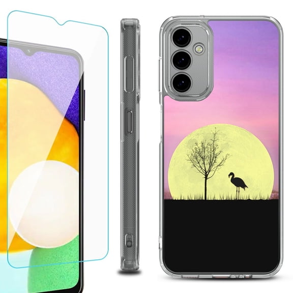 Shockproof Bumper Phone Case for Samsung Galaxy A14 5G, with Tempered Glass Screen Protector, by OneToughShield ® - Moonlight Flamingo