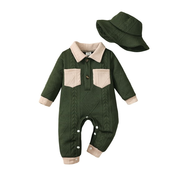 KIMI BEAR Newborn Baby Boys Bodysuits 3-6 Months Winter Clothing Long Sleeves Color Block Romper Lapel Two Pockets Overalls Knit Jumpsuits with Hat 2pcs Green