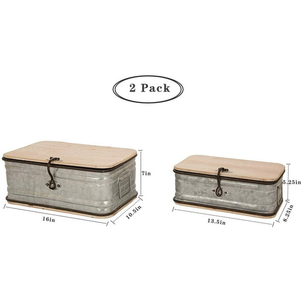 Set/2 Farmhouse Metal Storage Nesting Boxes with Wooden Lids Galvanized  Storage Chests Small and Large