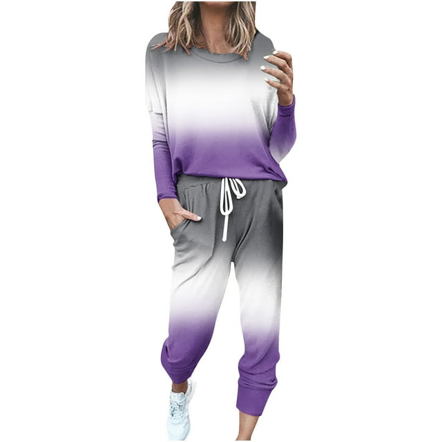 KIHOUT Survêtement pour Femmes Ensemble 2 Pcs Imprimé Dégradé Manches Longues Col Rond Hauts Décontractés Pantalons String Jogger Ensemble de Détente