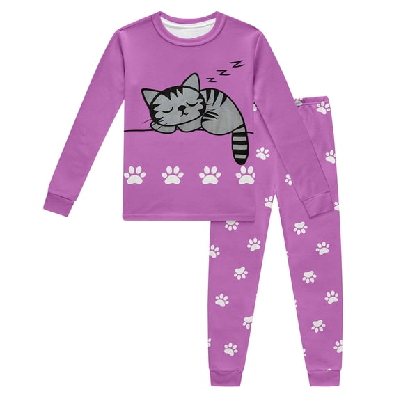 XAOFW Girl's Outfits Sets Cute Cat Print Long Sleeve Crewneck T Shirts And Pants Two Piece Set Casual Playwear Outfit Daily Lounging Stylish Cozy Clothing Sets