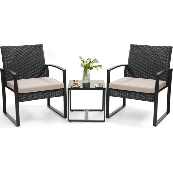 3 Piece Outdoor Wicker Bistro Set, Rattan Patio Conversation Set with Coffee Table & Washable Cushions for Porch Yard Balcony, Black/Beige