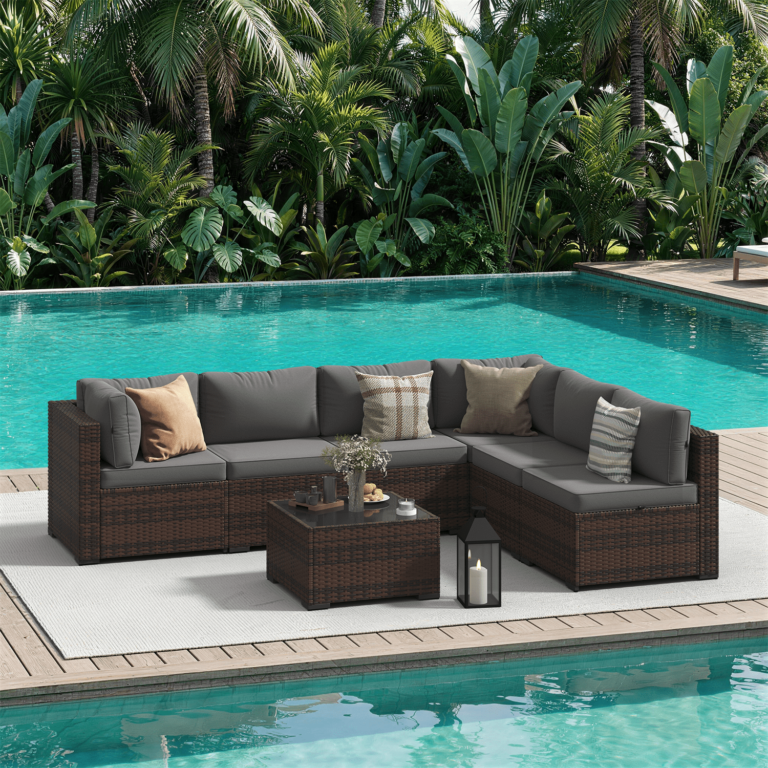 Dateyes 7-Piece Outdoor Patio Sectional Sofa Set, All-Weather Wicker Rattan Furniture with Coffee Table & Waterproof Cover (Grey)
