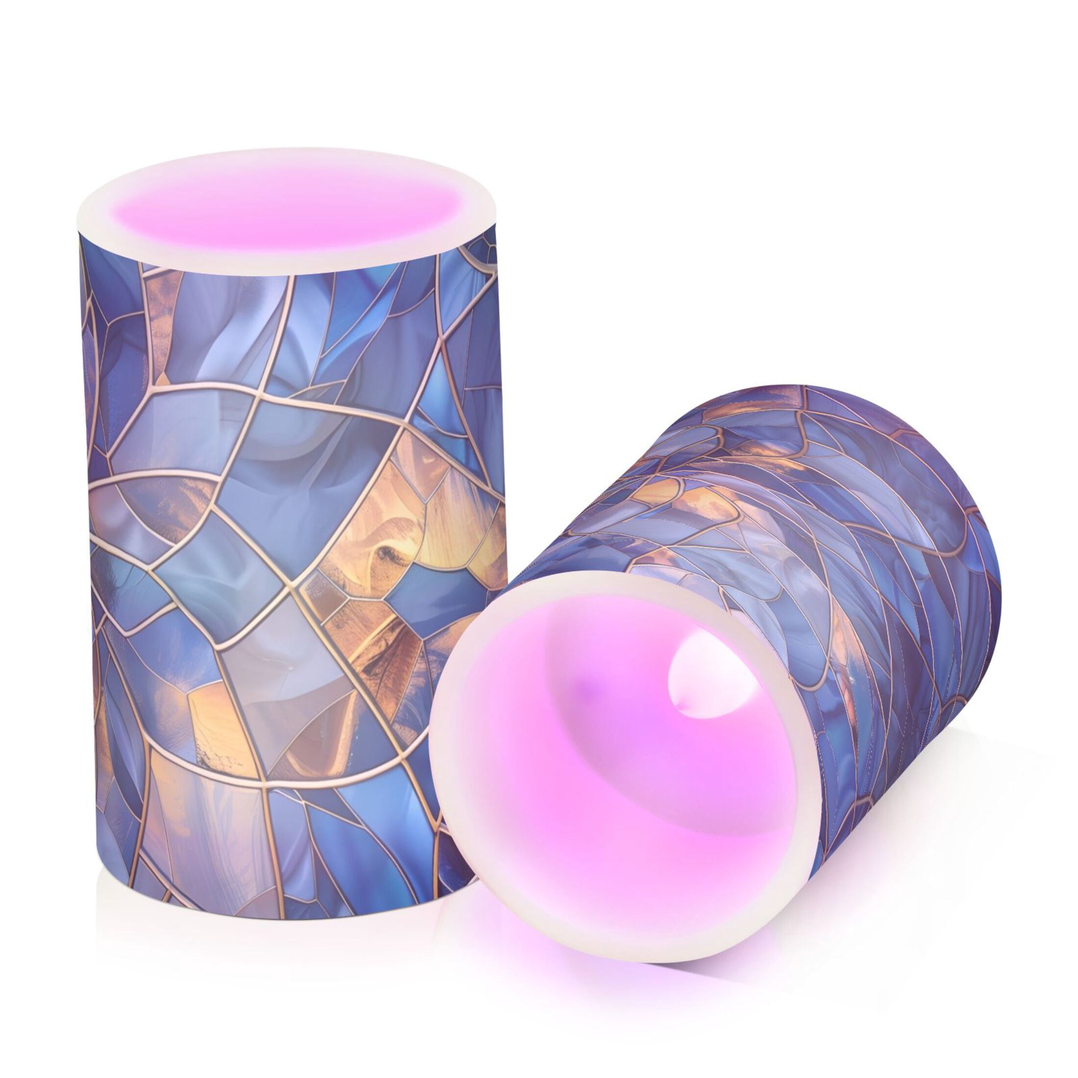 Blue and Gold Glass Flickering Flameless Candles Battery Operated with Remote Timer LED Pillar Candles Set of 2