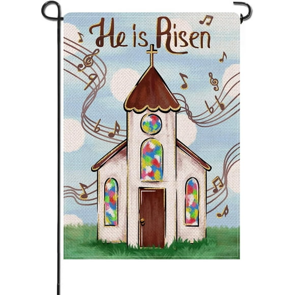 Christian He is Risen Easter Church Small Decorative Garden Flag, Religious Faith Stave Note Farmhouse Yard Lawn Outside Decor, Spring Burlap Outdoor Home Decoration Double Sided 12 x 18
