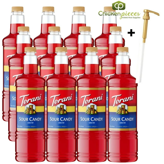 Torani Sour Candy Flavoring Syrup, Professional Tart & Tangy Base, Shatter-Resistant 1L Plastic Bottle + Bonus Squeeze Pump