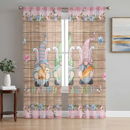 Happy Easter Sheer Curtains 63 Inch Length 2 Panels Set Gnomes Rabbit Flowers Eggs Brown Wood Grain Voile Window Treatment Rod Pocket Curtains Sheers Drapes for Bedroom/Living Room/Kitchen 52x 63 x2