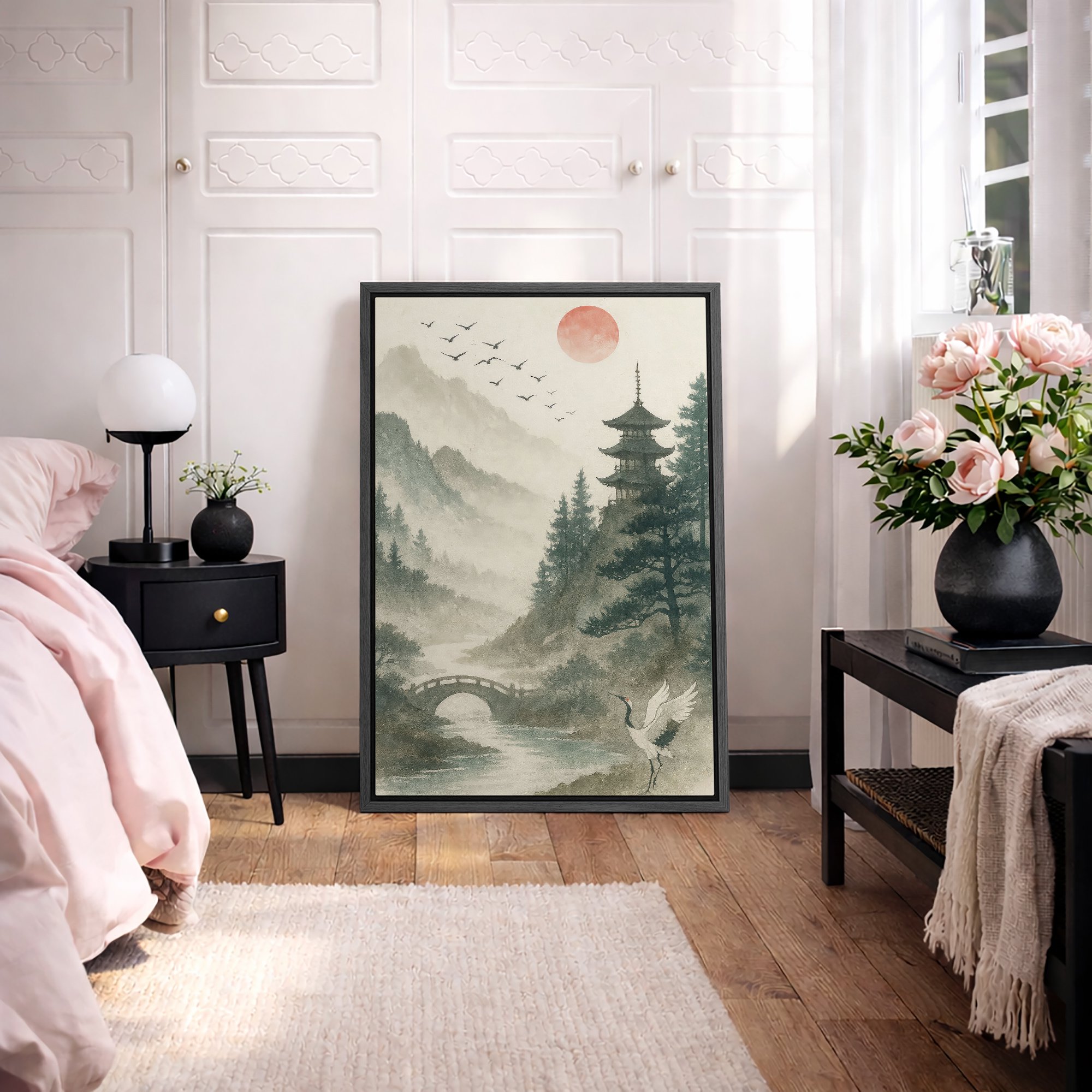 Framed Canvas Print Vintage Landscape Wall Art Zen Japandi Decorative for Living Room Bedroom - 16 x24 BLACK