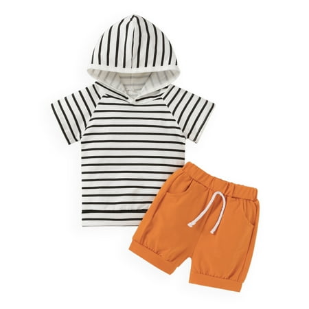 

Binpure Newborn Baby Short Pants Outfits Short Sleeve Hooded Stripe Printed Tops + Elastic Solid Color Shorts Set