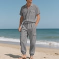 thumbnail image 2 of Hinvhai Men 2 Piece Linen Set Outfits Drawstring Long Pants Button Down Roll Up Sleeve Shirts Beach Wedding Suit Sets Gray M(M), 2 of 9