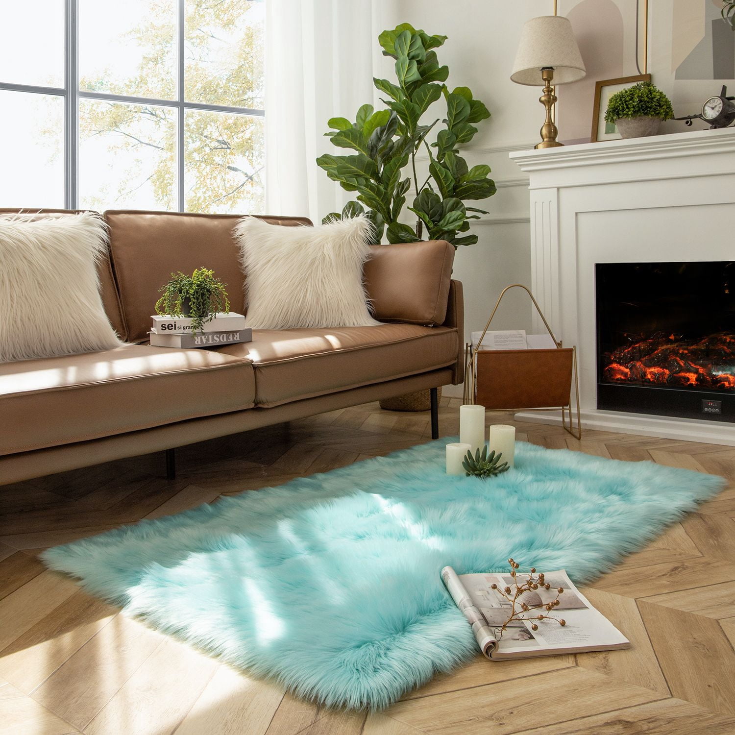 Phantoscope Faux Fur Area Rug, Fluffy Turquoise Shag Carpet, Ultra Soft Machine Washable Indoor Area Rug, 2' x 3', Rectangular for Living Room, Bedroom, Nursery & Kids Room