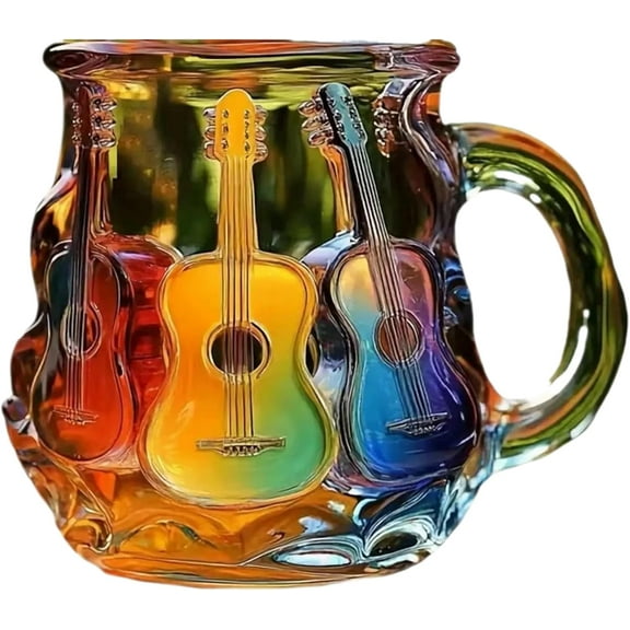 Guitar Shaped Glass Coffee Mug, Handcrafted 3D Art Mug with Colorful Rainbow Crystal Finish – Unique Music Lover Gift for Men & Women, Decorative Cup for Tea, Coffee (1pcs-L)
