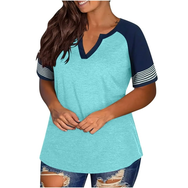 Dealovy Plus Size Tops for Women Summer Short Sleeve T-Shirts Color Block Striped V Neck Tees Loose Plain Blouses