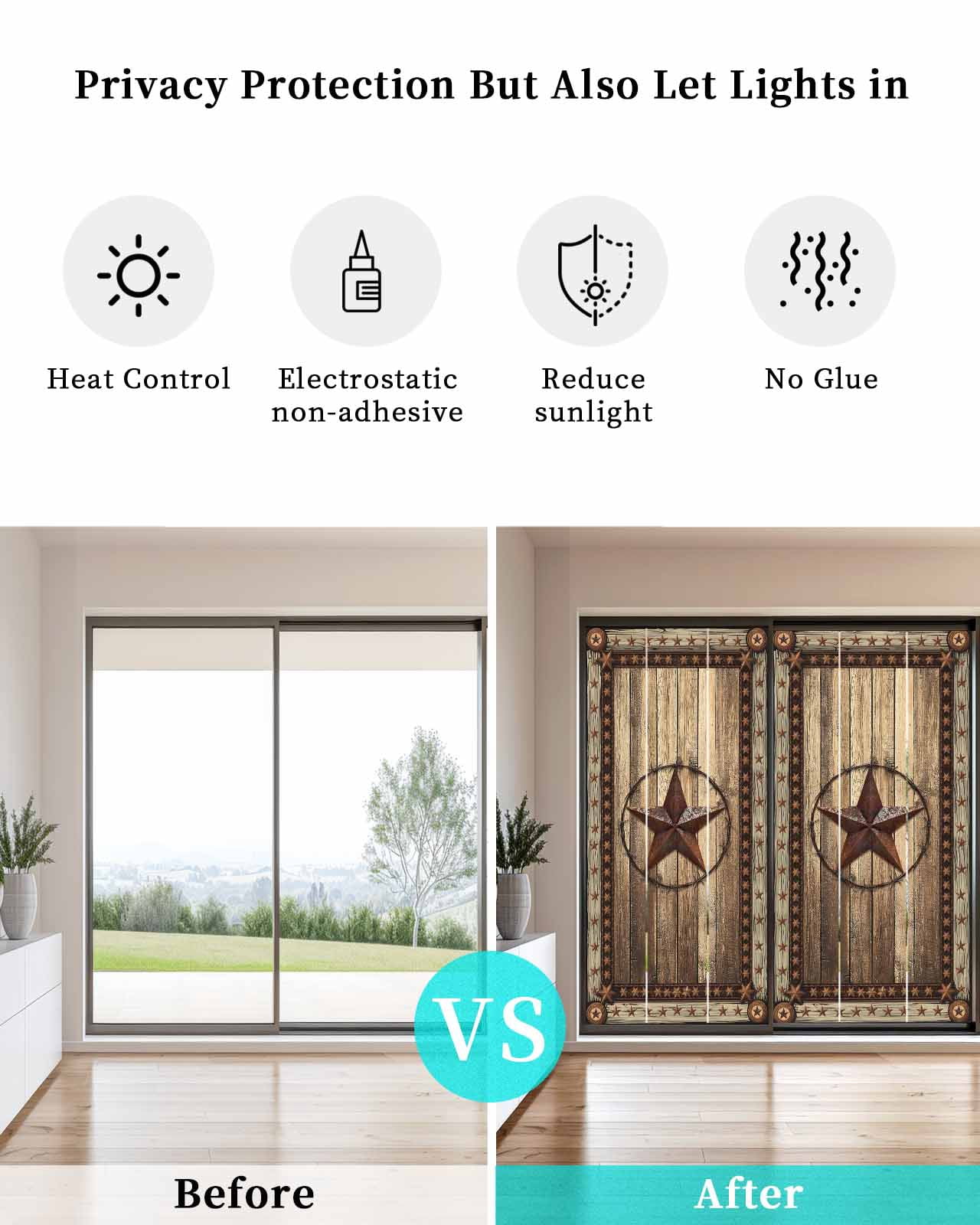 Window Privacy Film Western Farmhouse Stained Glass Window Film Decorative Sun Block Window Cover Rustic Country Texas Star Retro Window Clings Static Adhesive Sticker for Bathroom 23.6"x59"