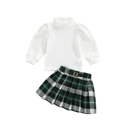 

xkwyshop Toddler Kids Baby Girls Casual Clothes Set Turtleneck Knitwear Sweater Tops + Pleated Mini Skirt 2Pcs Outfits Set White