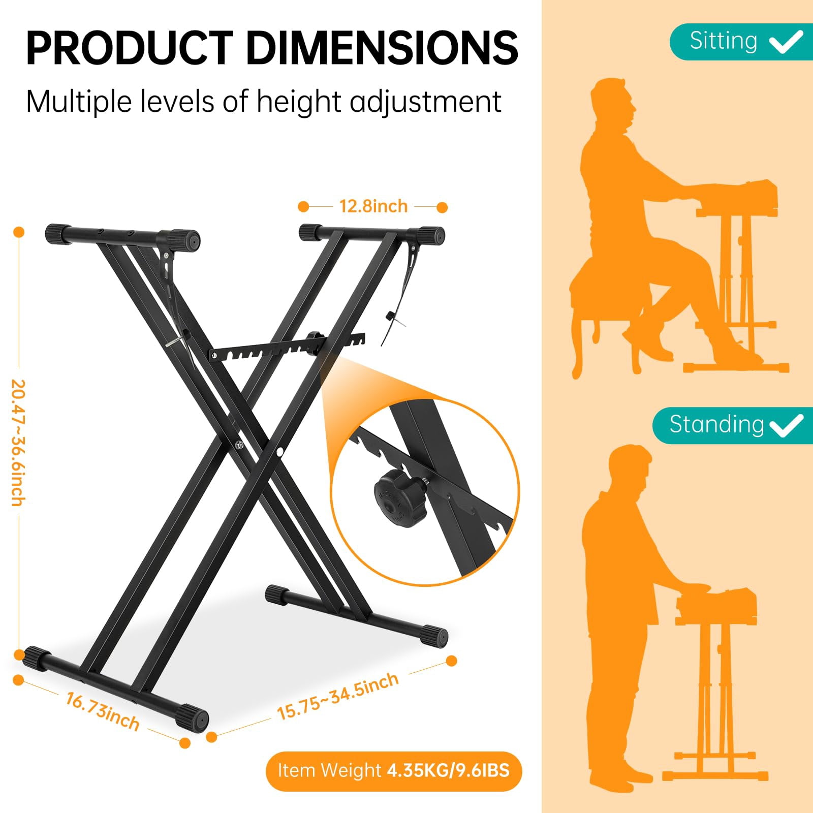 Double X Keyboard Stand - Adjustable Height 20.47-36.6 Inches  Width 15.75-34.5 With Locking Straps 132 Lbs Load Capacity Compatible Keyboards From 61 To 88 Keys