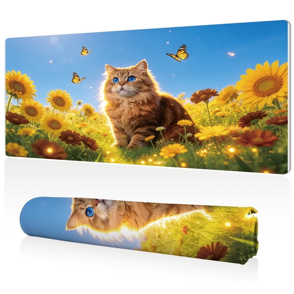 LIVEKEY XXL Mouse Pad Sunflower Field Cat Design 80x40x0.3cm Full Desk Coverage Non Slip Surface Durable Easy Clean Stitched Edges for Gaming and Office