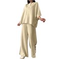 thumbnail image 2 of XuJwPNcy 2 Piece Cotton Linen Sets Women Casual Baggy V Neck Shirts with Side Slit Wide Leg Pants Loungewear Sets, 2 of 6