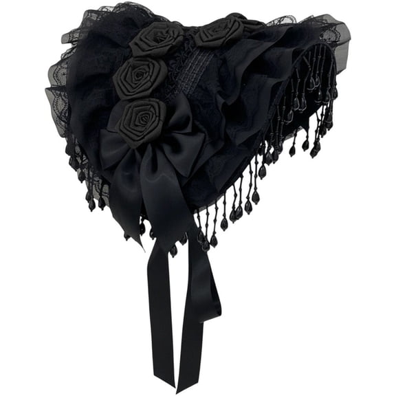 Hsqqdc Black Sweet Lolita Lace Bonnet Hat, Victorian Ruffle Hat with Tassels for Tea Party