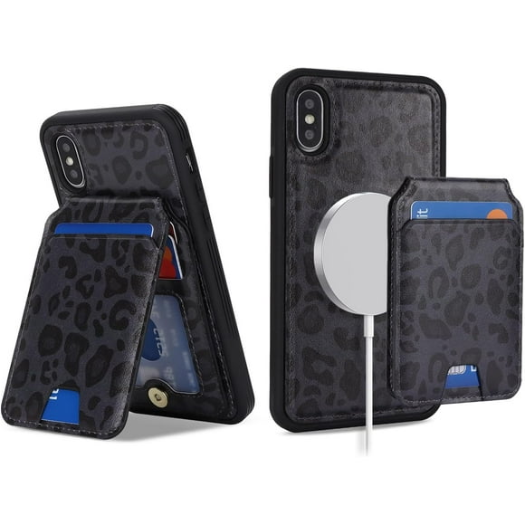 TRAHOO-Ｈａｖａｙa for iPhone X Case with Card Holder iPhone Xs case Magsafe Compatible for Women iPhone 10 Phone case Wallet Detachable Magnetic Leather étui de téléphone Pour Femmes-Black Leopard Print