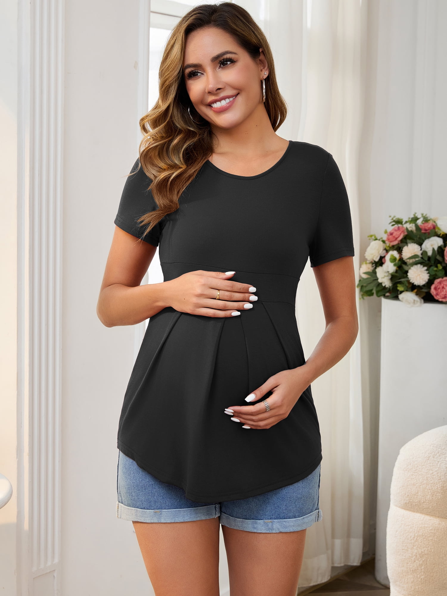 DARING DIVA Women's Short Sleeve Crew Neck Wrinkle Design Maternity Blouses XXL Black