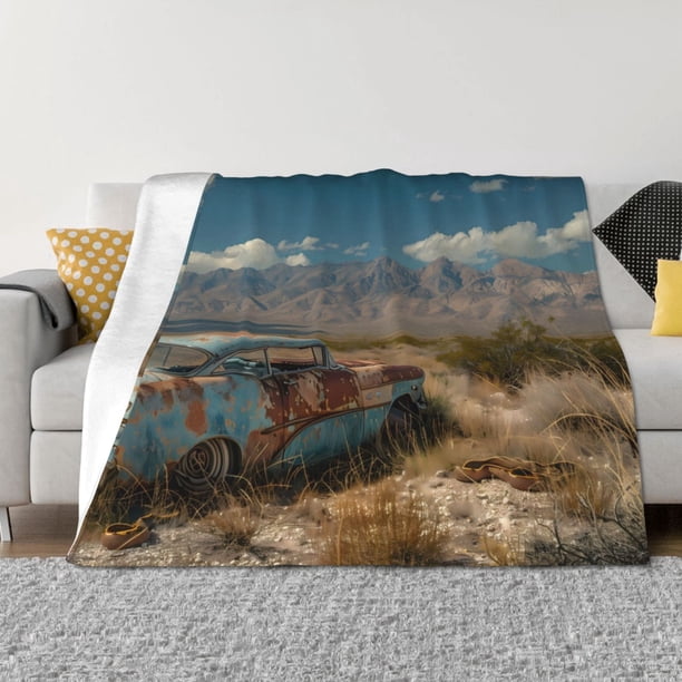 Fotbe Deserted Classic Car Landscape Manta de Franela con Estampado, Manta Ultrasuave para Cama, Sofá, Auto, Hipoalergénica y Antibolitas-80"x60"