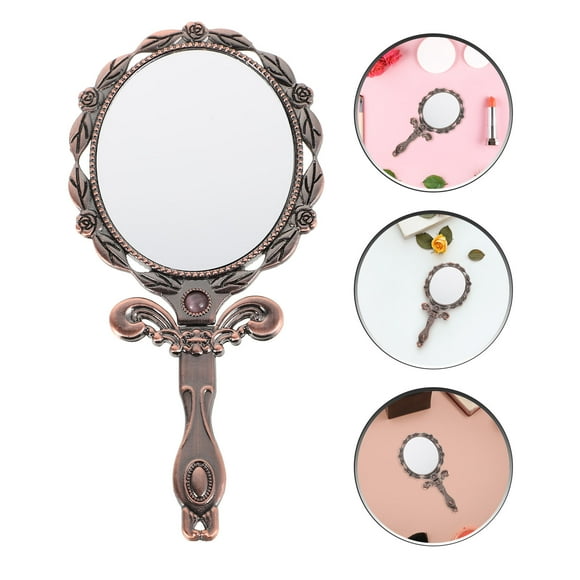 unbranded Espejo De Mano Retro Metálico Con Mango Plegable Color Marrón Para Maquillaje Y Uso En Casa