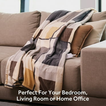 Sunbeam Oversized Throw Neutral Plaid Microplush, 4 Heat Settings, 4-Hour Auto Shut-Off, Electric Heated Blanket, 60" x 80"
